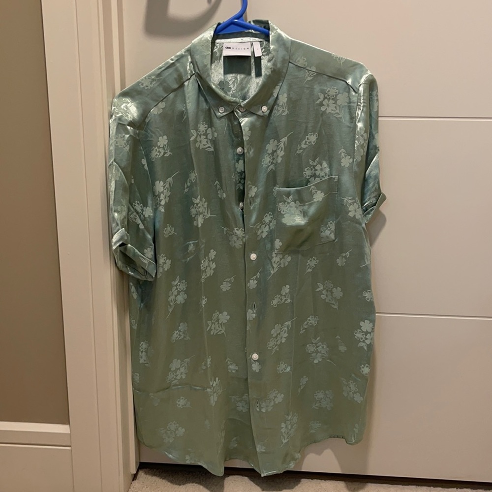 Green Satin Button Up - Picture 1 of 3